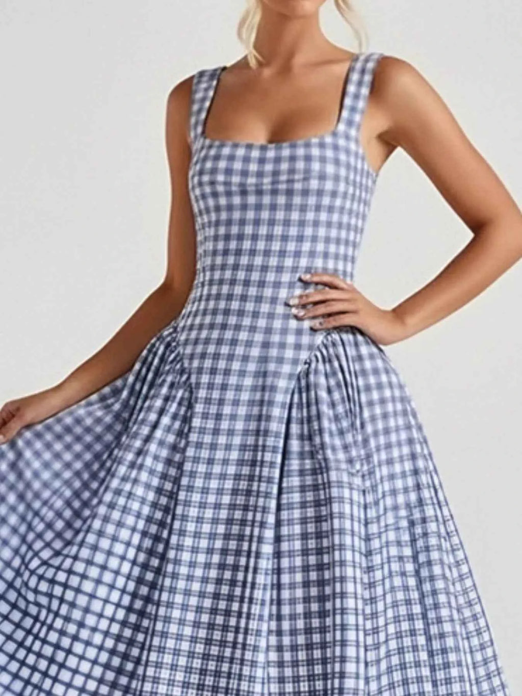 Full Size Square Neck Plaid Dress-Casual Dresses-Splashis-Splashis