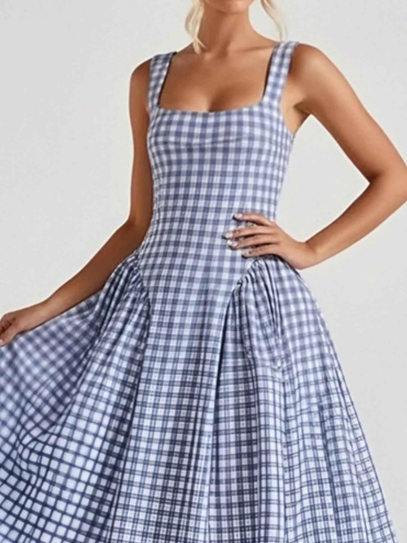 Full Size Square Neck Plaid Dress-Casual Dresses-Splashis-Splashis