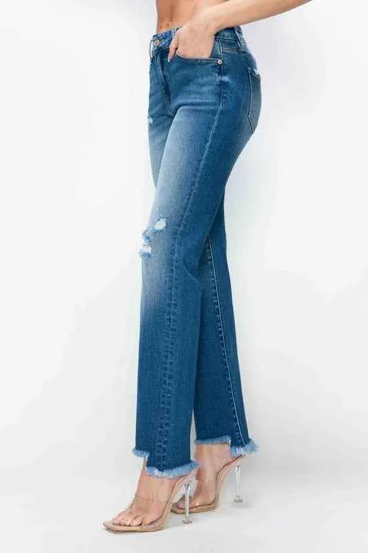 Raw hem distressed mid-rise straight jeans — additional view 6