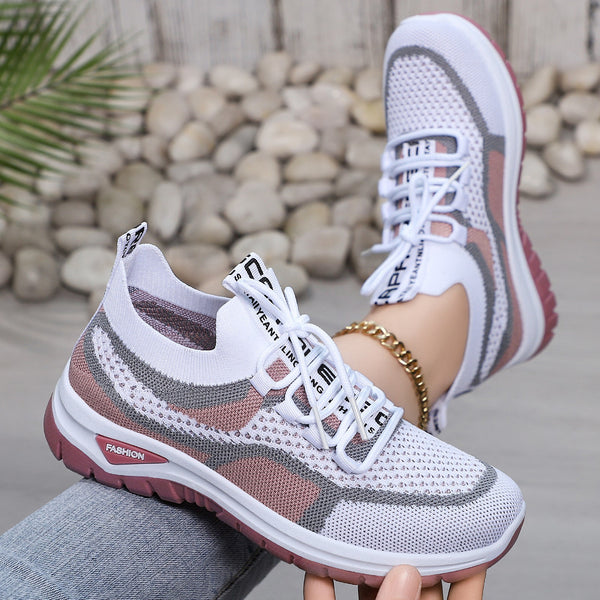 Pink mesh lace-up lightweight sneakers for women