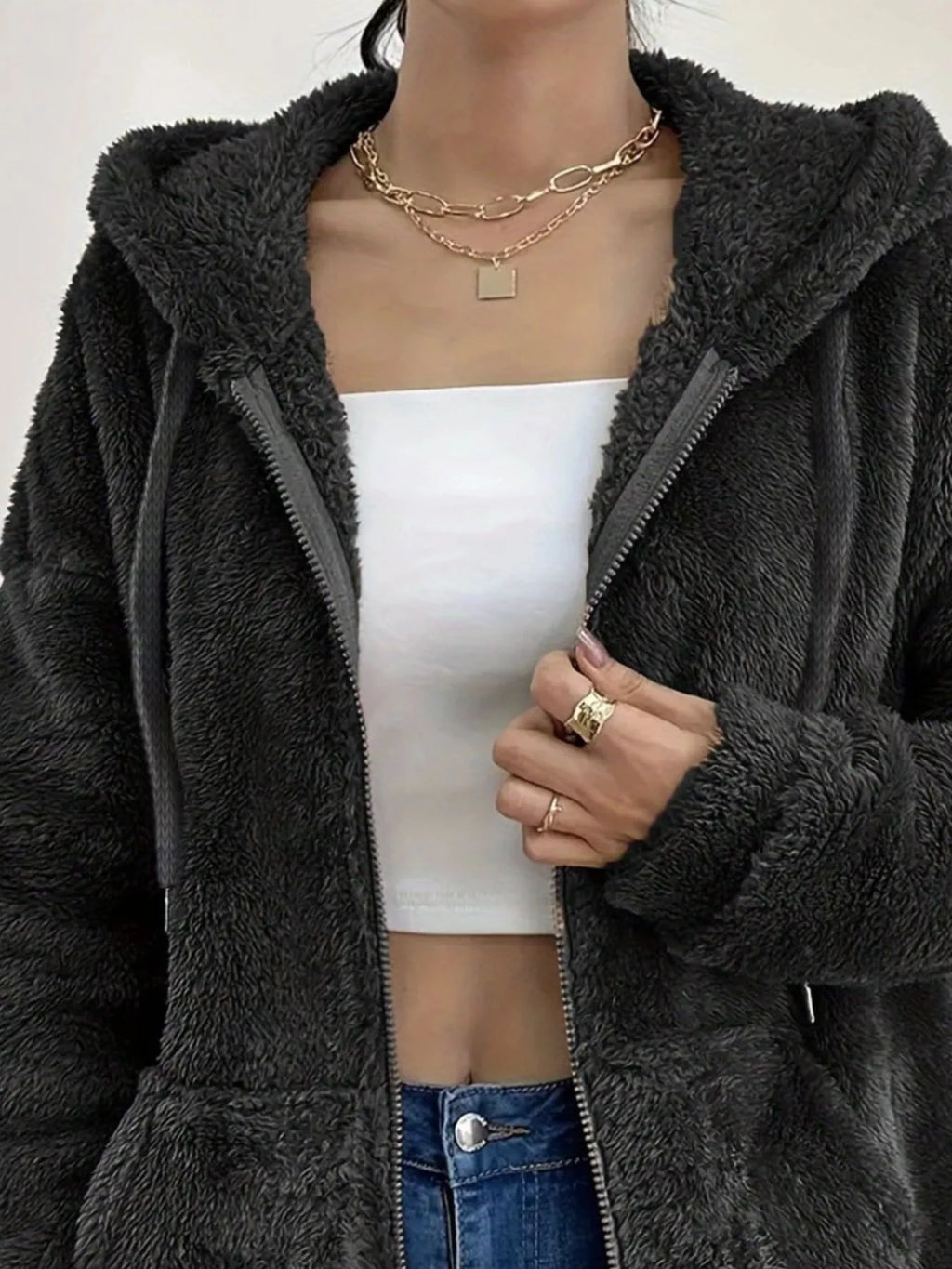 Drawstring fleece zip-up jacket — additional view 5