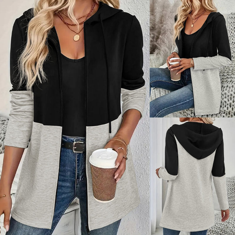 Women's Color Block Zip-Up Hooded Cardigan Jacket product image