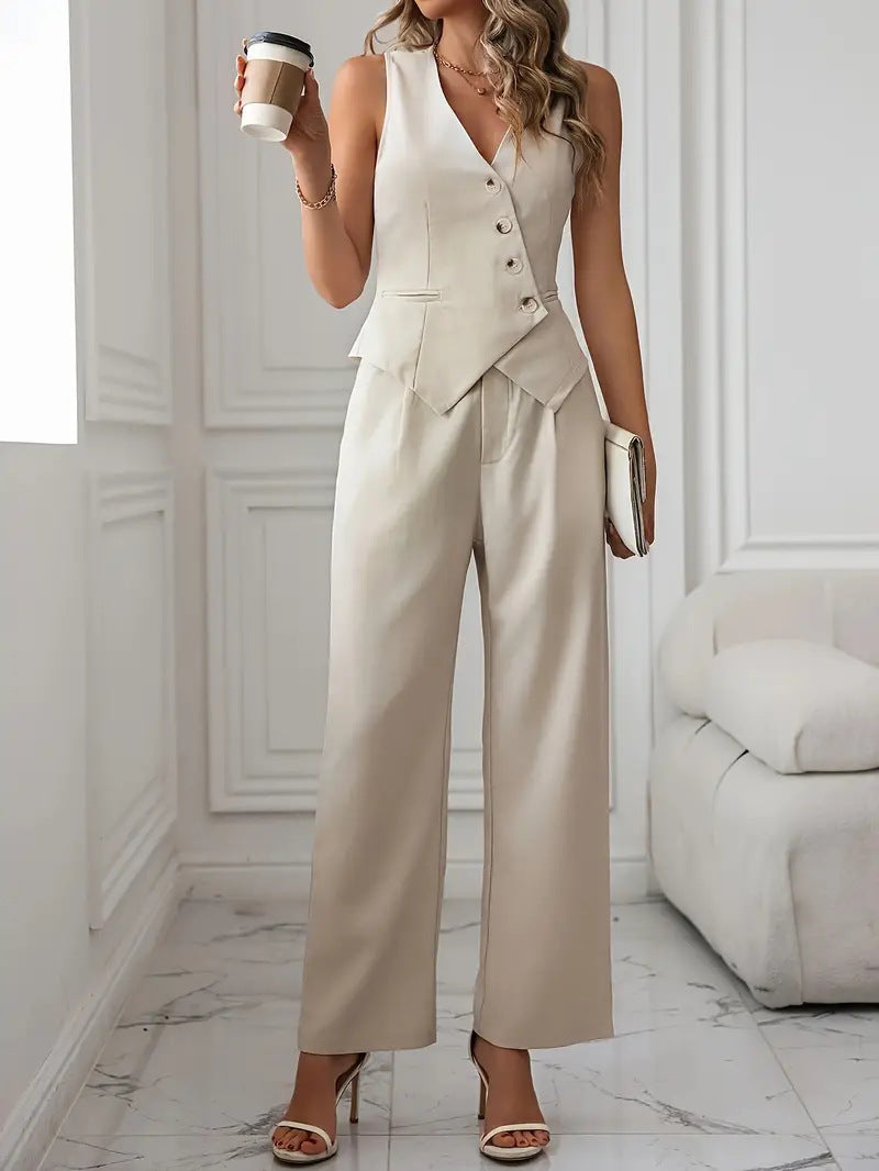Women's V-neck tank top and trousers suit set view 4