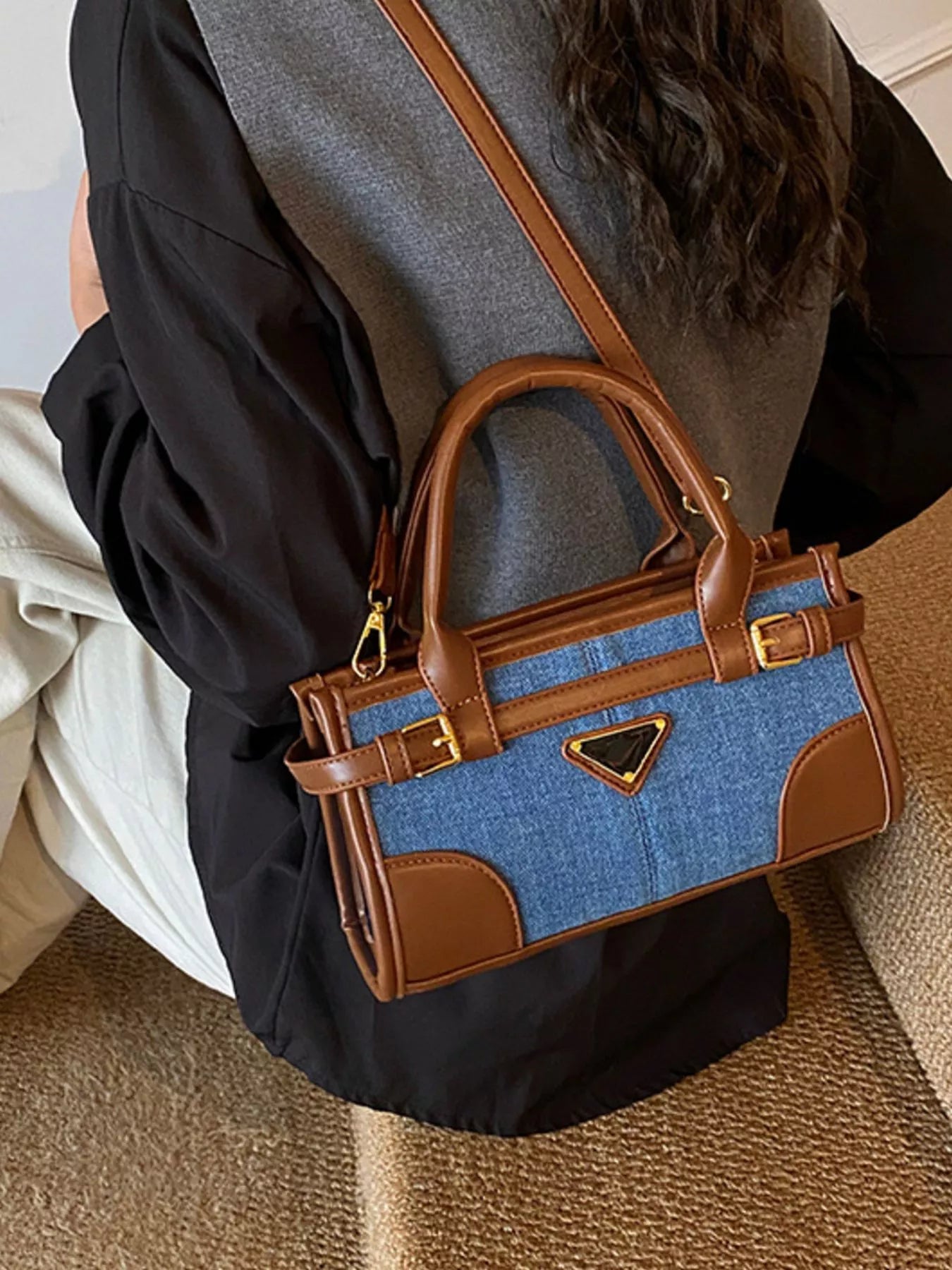 Denim patchwork crossbody bag with buckle detail — additional view 7