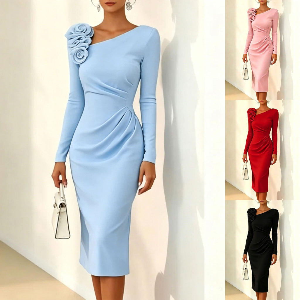 Light blue floral-shoulder midi dress alongside pink, red and black options