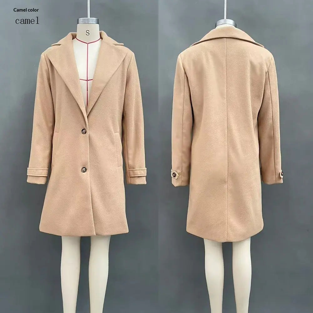 Plain beige lapel coat, front and back views on mannequins