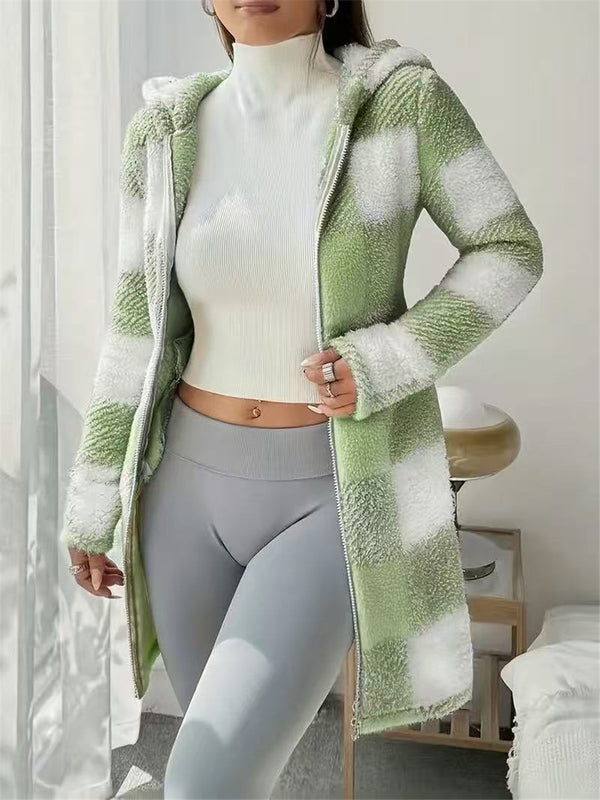 Green and white checked long jacket with pale hood lining