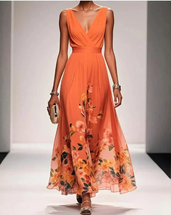 V-Neck Slim-Fit Chiffon Evening Gown