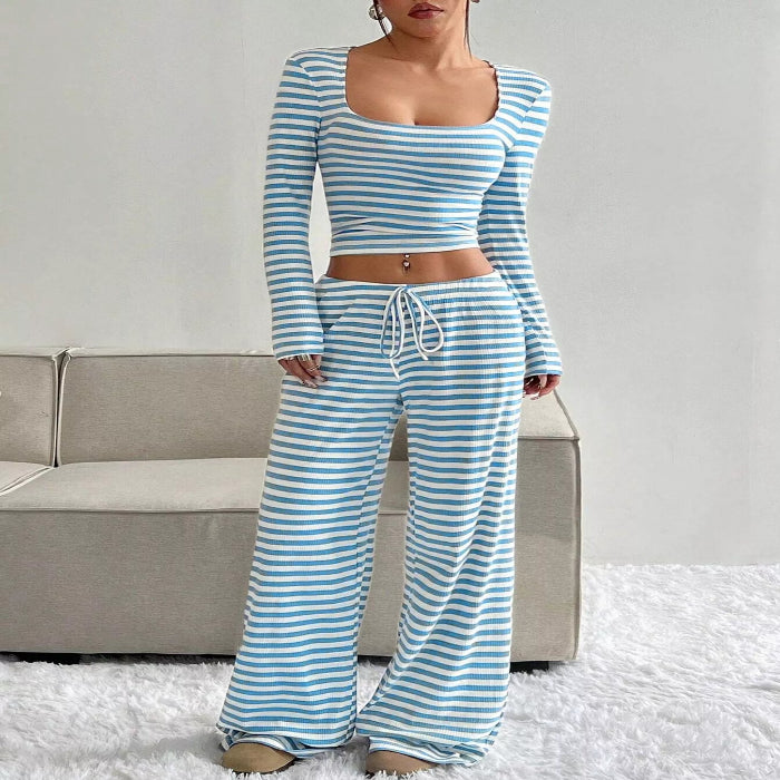Model wearing the Striped Long Sleeve Crop Top & Wide Leg Pants Set