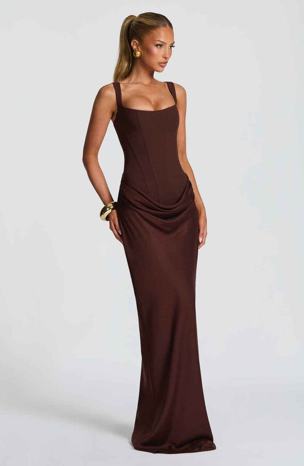 Trendy Off-Shoulder Fishtail Dress-Formal + Evening Dresses-Splashis-Color:Brown-Size:L-Splashis