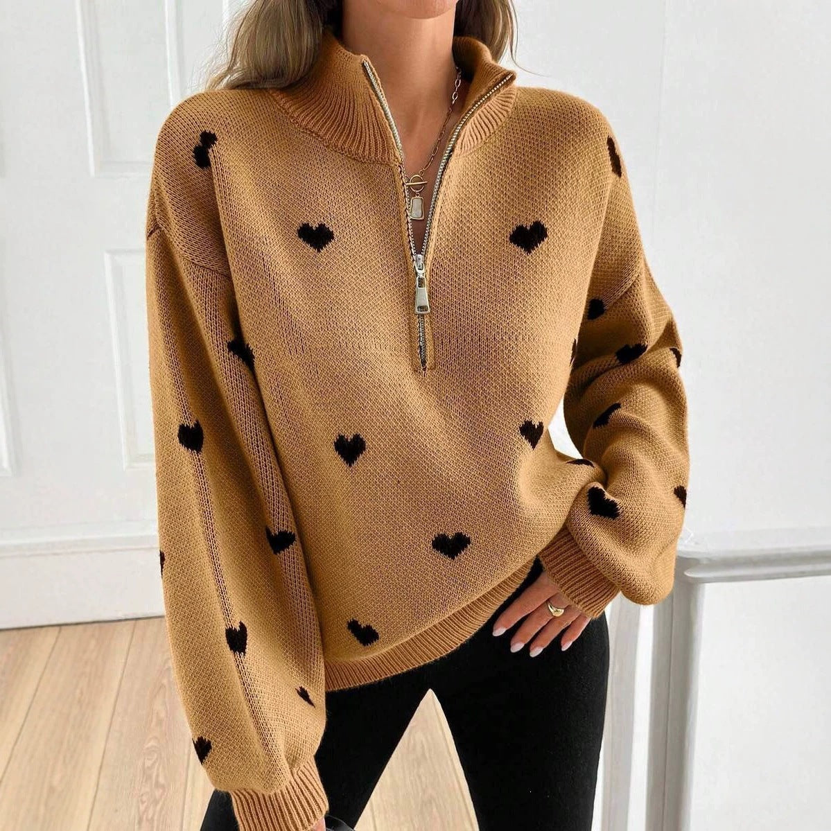 Women's Heart Pattern Knit Zip Sweater-Splashis, alternate view 3