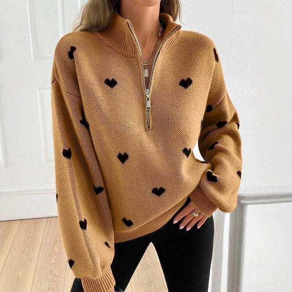 Women's Heart Pattern Knit Zip Sweater-Splashis, alternate view 3