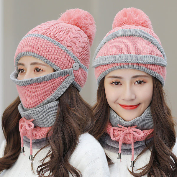 Women's 3 Piece Knitted Hat and Scarf Set-Splashis, Pink