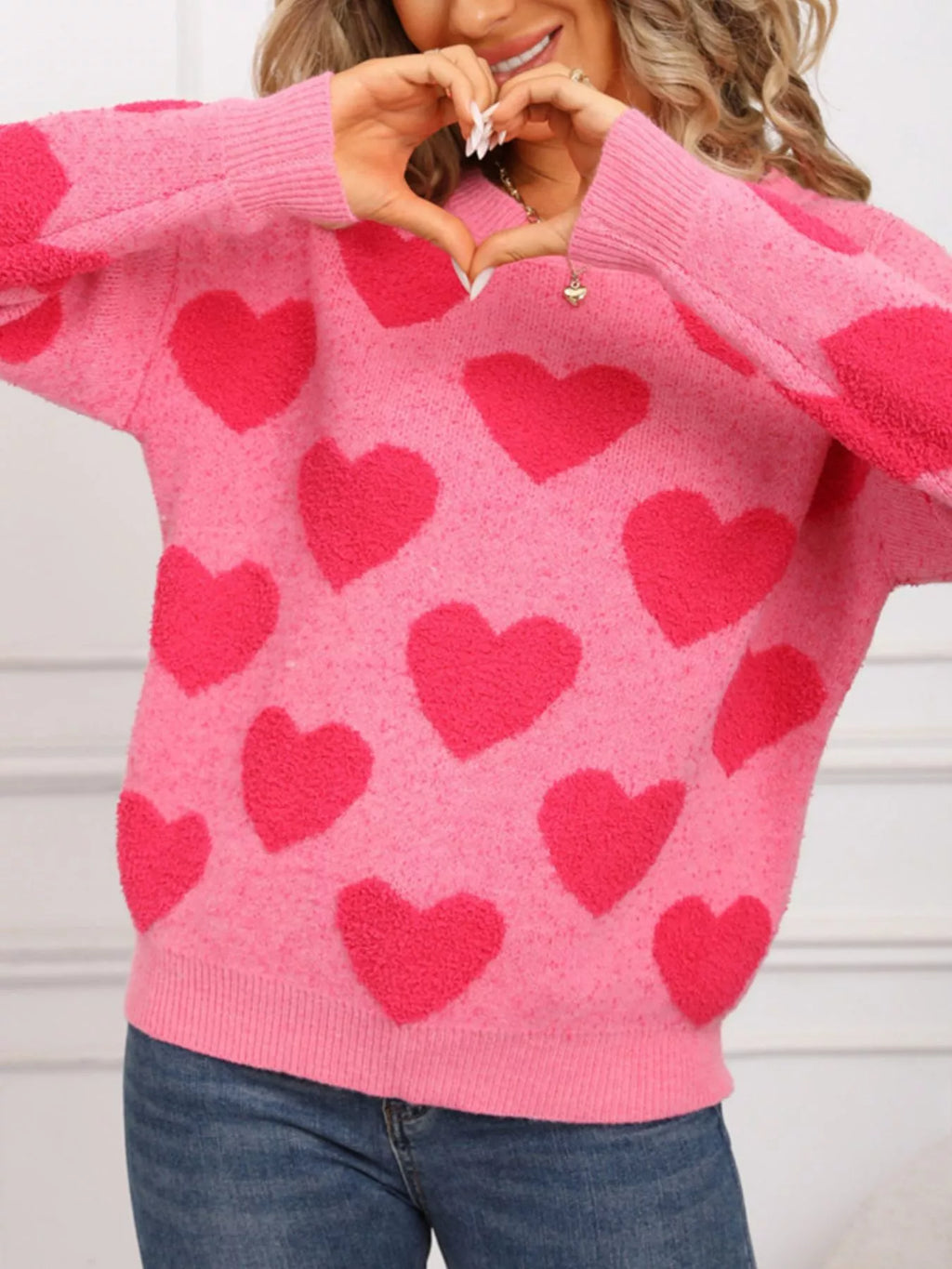 Valentine's Day Heart Pattern Round Neck Sweater view 7