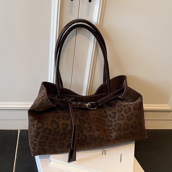 Leopard Print Patchwork Shoulder Bag - Minimalist PU Bag for Women, shown in a clear product image