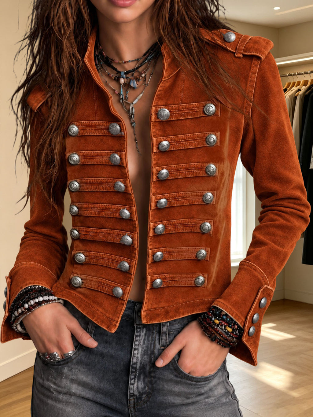Double-breasted cropped military jacket for women