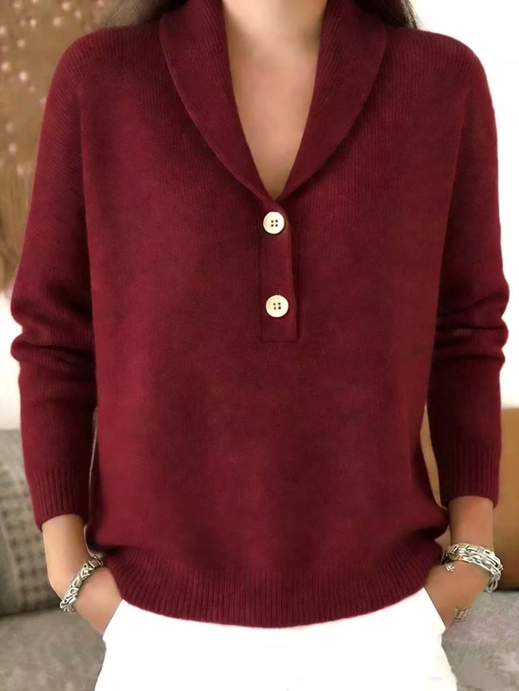 Full Size Button Detail Long Sleeve Sweater view 3