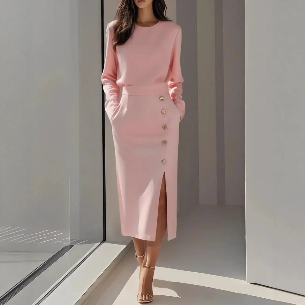 Pink women's button-front midi dress with waist tie and side slit
