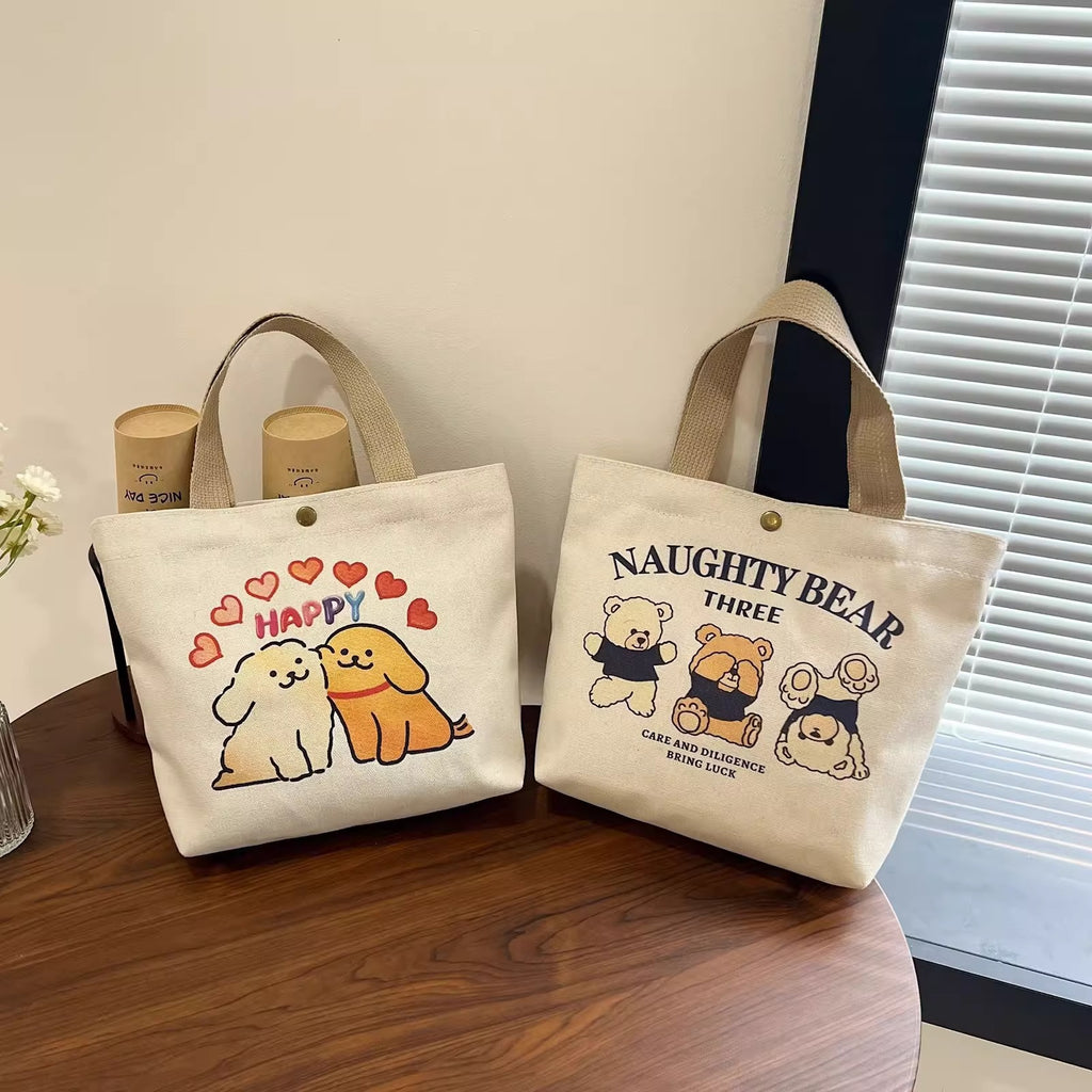 Canvas storage bag bear print design close-up