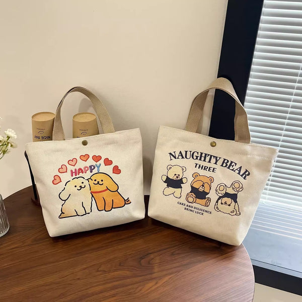 Canvas storage bag bear print design close-up