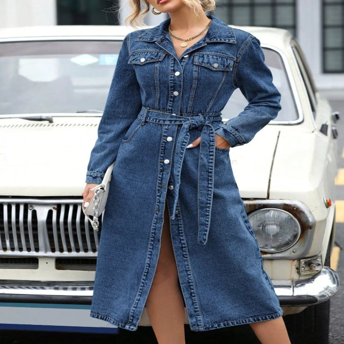 Belted Long Sleeve Denim Dress — primary view