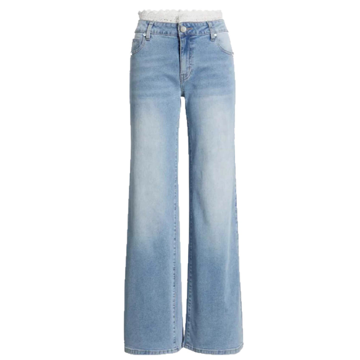 Women's Lace-Trimmed Wide-Leg Stretch Jeans in Light Blue, close-up product view