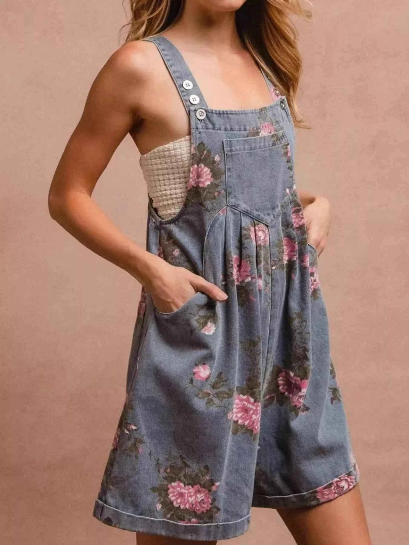 Floral print denim overalls — additional view 4
