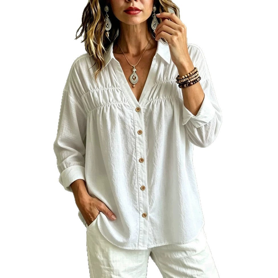 Product detail photo of V Neck Button Long Sleeve Blouse, Women’s Blouse, everyday style