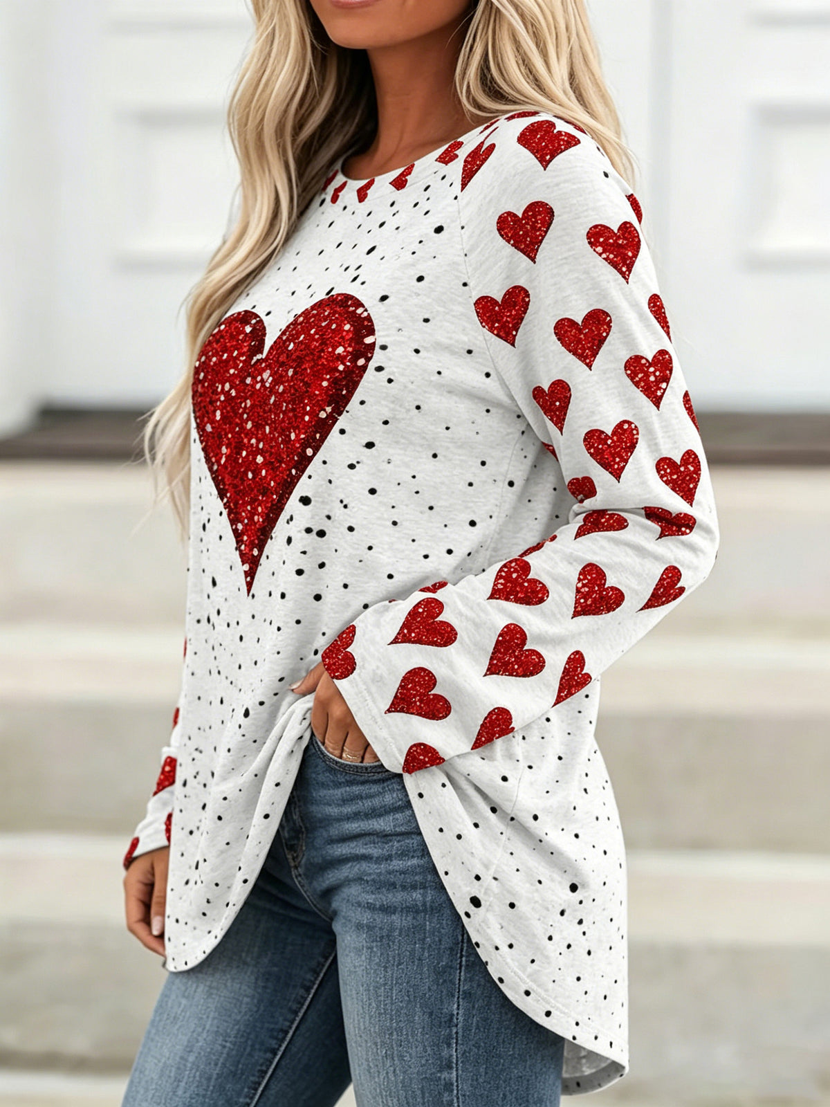 Women's Plus Size Polka Dot Heart Print Top additional product view