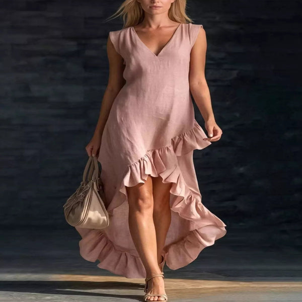Full Size V-Neck Ruffle Hem High-Low Dress Plus Size — primary view