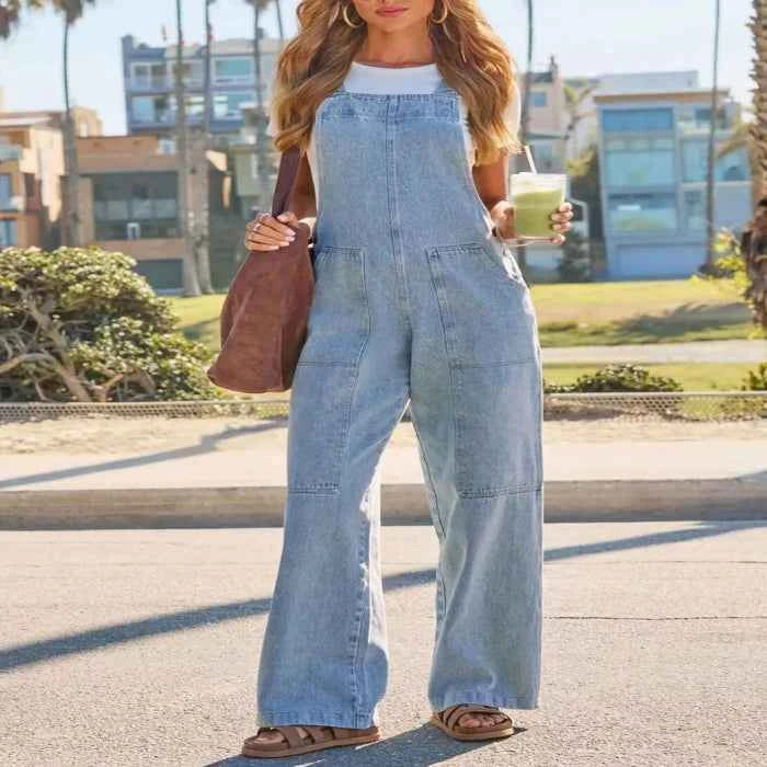 Washed wide-leg denim overalls — primary view
