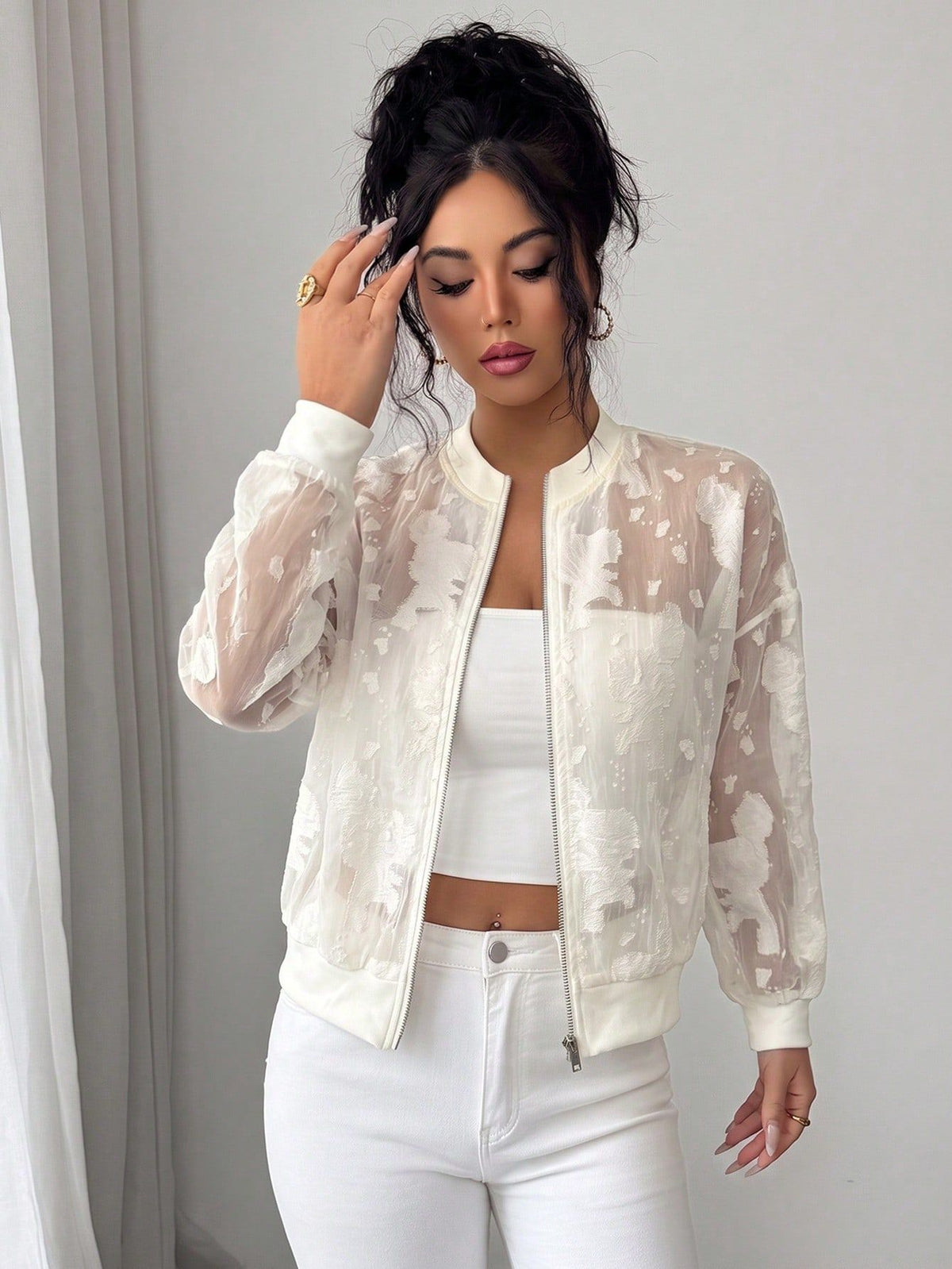 Women's Jacquard Zip-Up Jacket - Sheer Loose Fit, Rib Collar & Cuffs additional product view