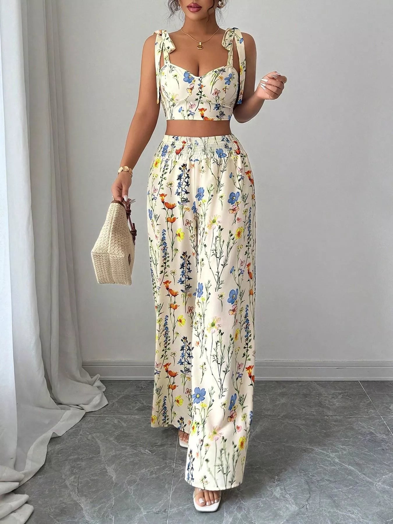 Floral Print Tie-Shoulder Crop Top & Wide Leg Pants Set view 4