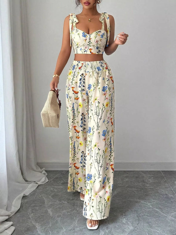 Floral Print Tie-Shoulder Crop Top & Wide Leg Pants Set view 4