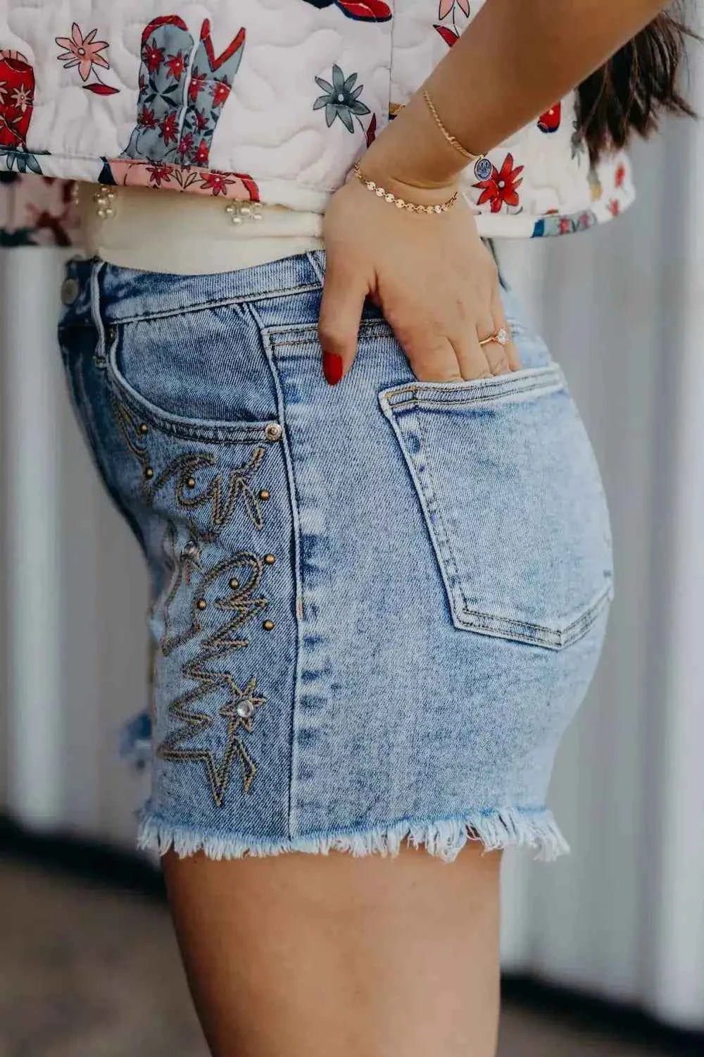 Western embroidered studded denim shorts — additional view 2