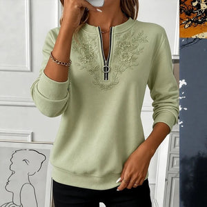 Fruit Green embroidered half-zip pullover top for women