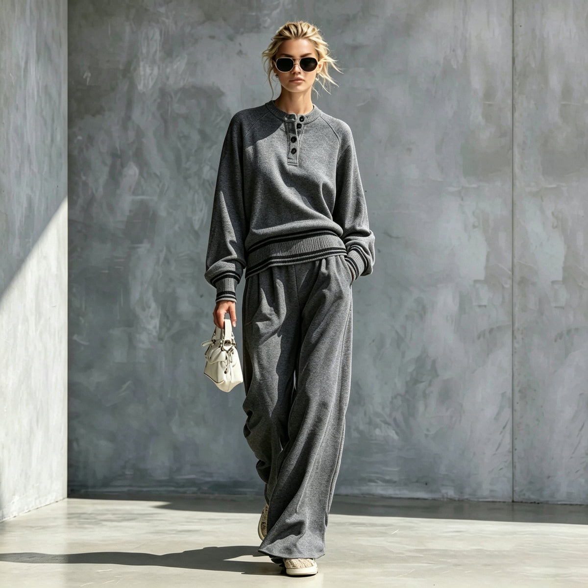 Gray button-neck top and wide-leg pants set with striped trim, worn by a model