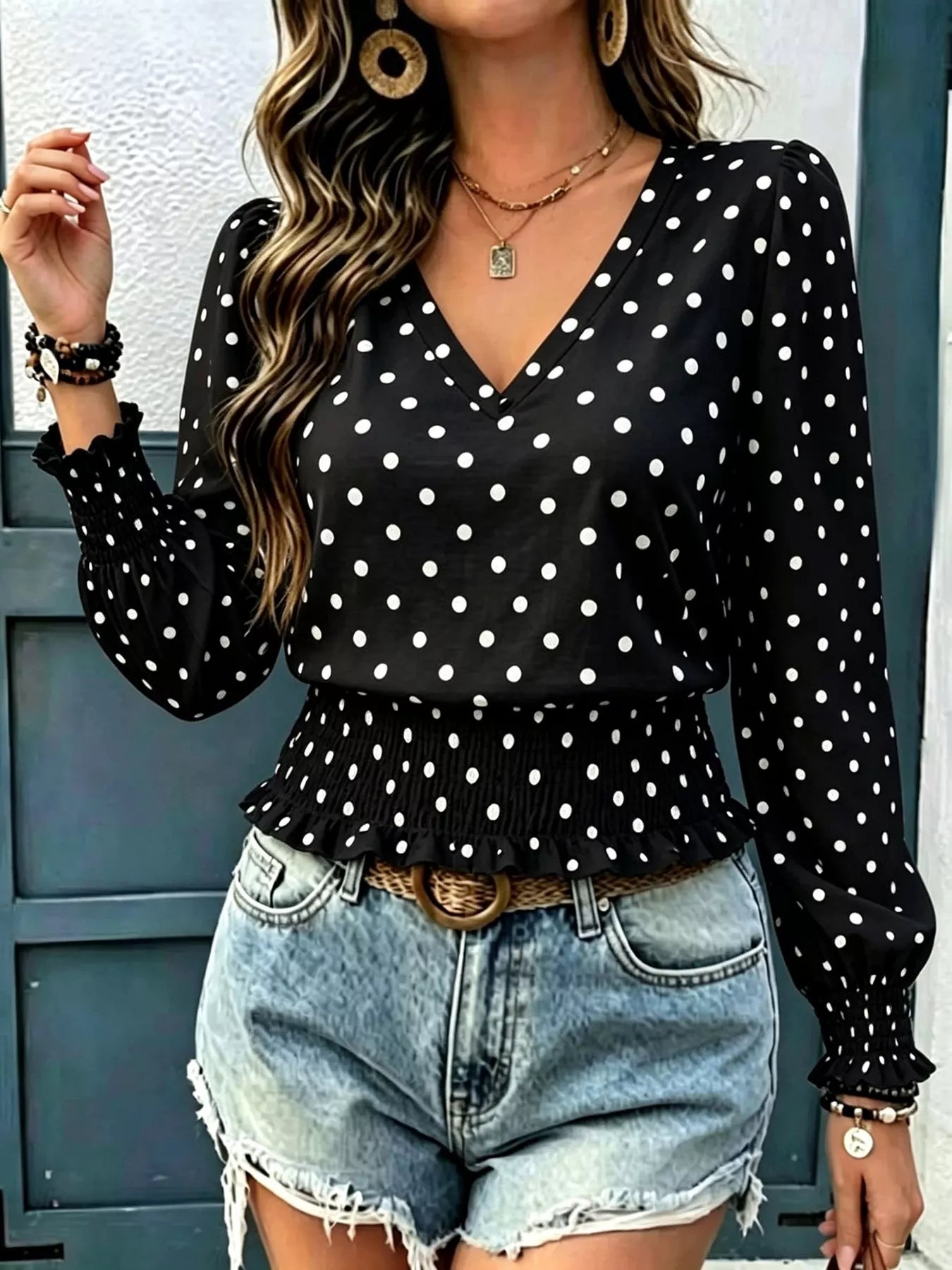Polka dot V-neck smocked blouse — additional view 6