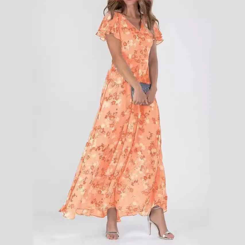 Floral Print Off-Shoulder Chiffon Maxi Dress Imagem secundária do produto