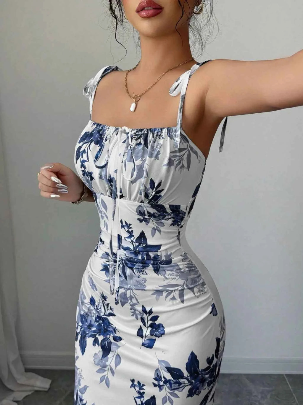 Printed Tie Strap Slit Maxi Dress-Maxi Dress.-Splashis-Splashis
