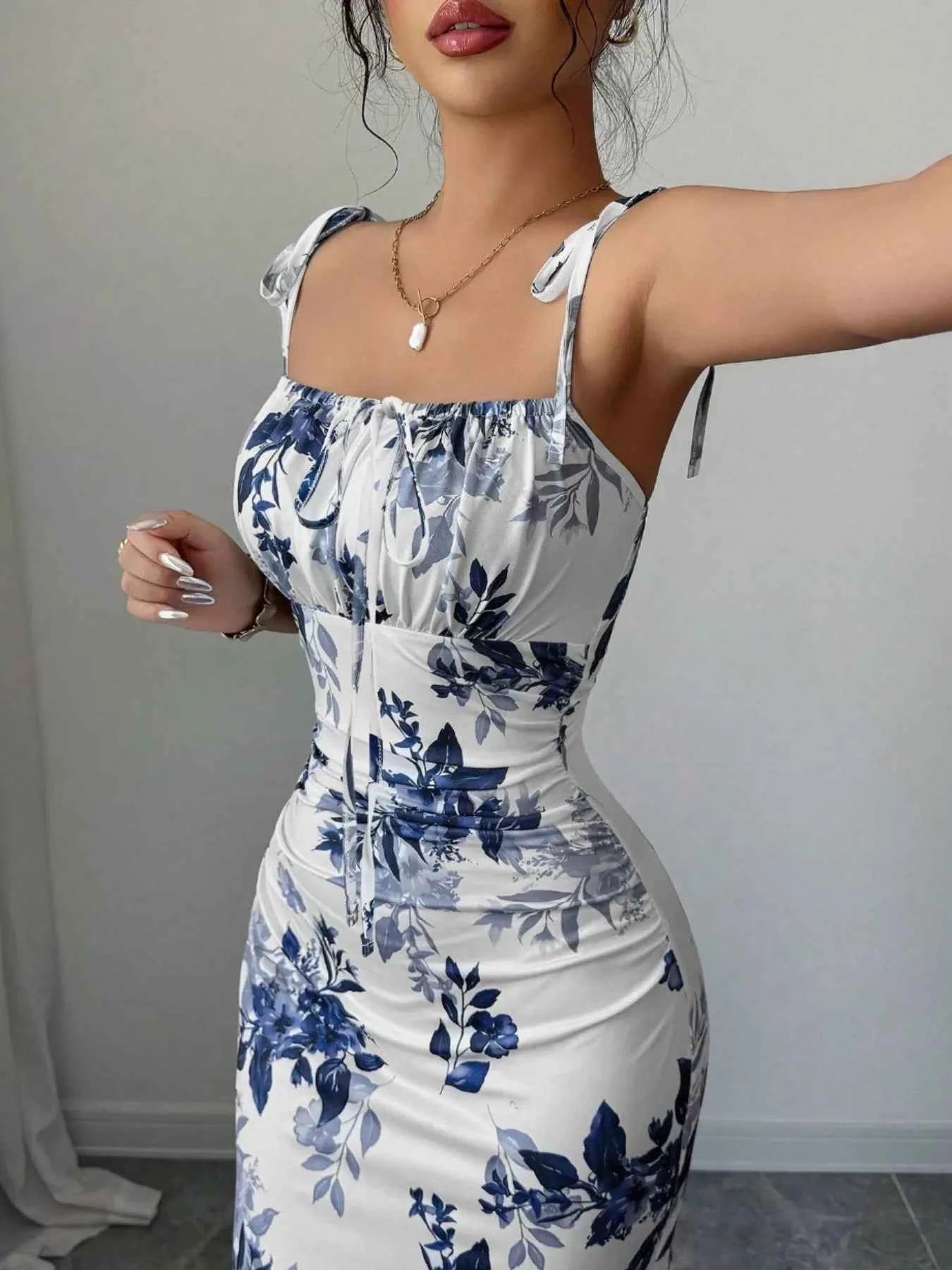 Printed Tie Strap Slit Maxi Dress-Maxi Dress.-Splashis-Splashis