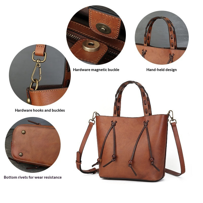 Woven Bucket Bag - PU Leather Minimalist Crossbody Bag for Women, close-up product view