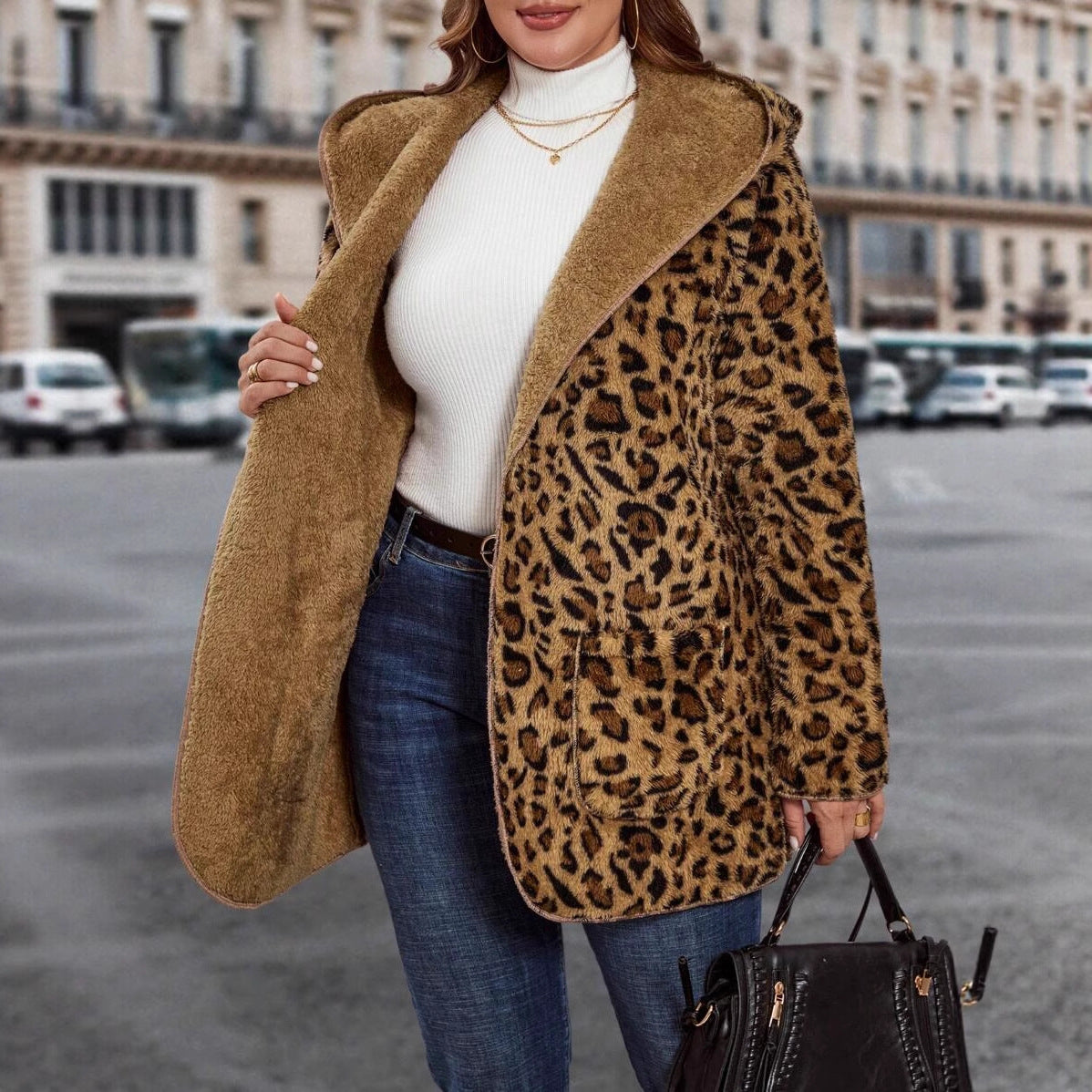 Women's Hooded Loose Fit Thick Leopard Print Jacket, front product view