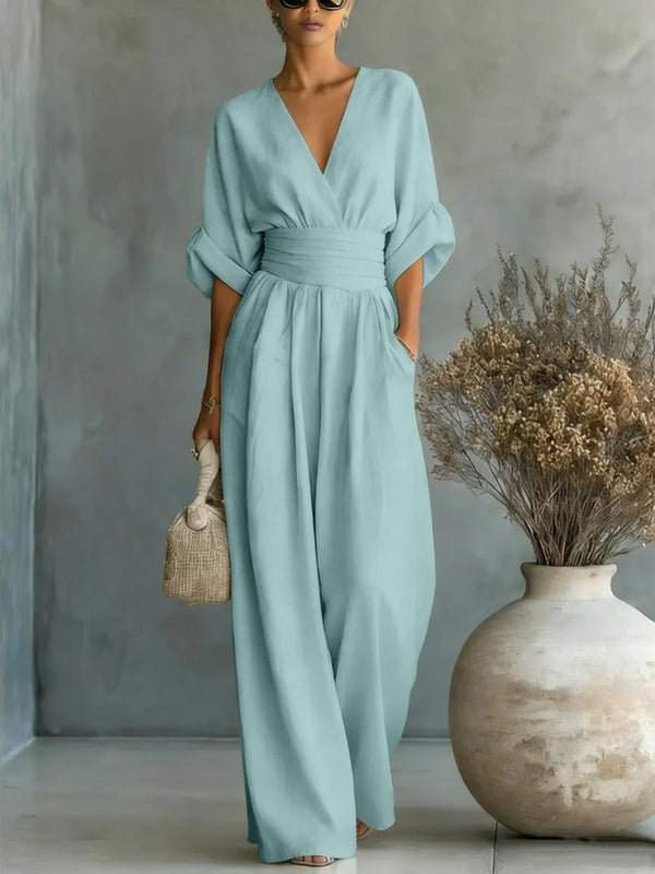 Short-sleeve V-neck wide-leg jumpsuit product image