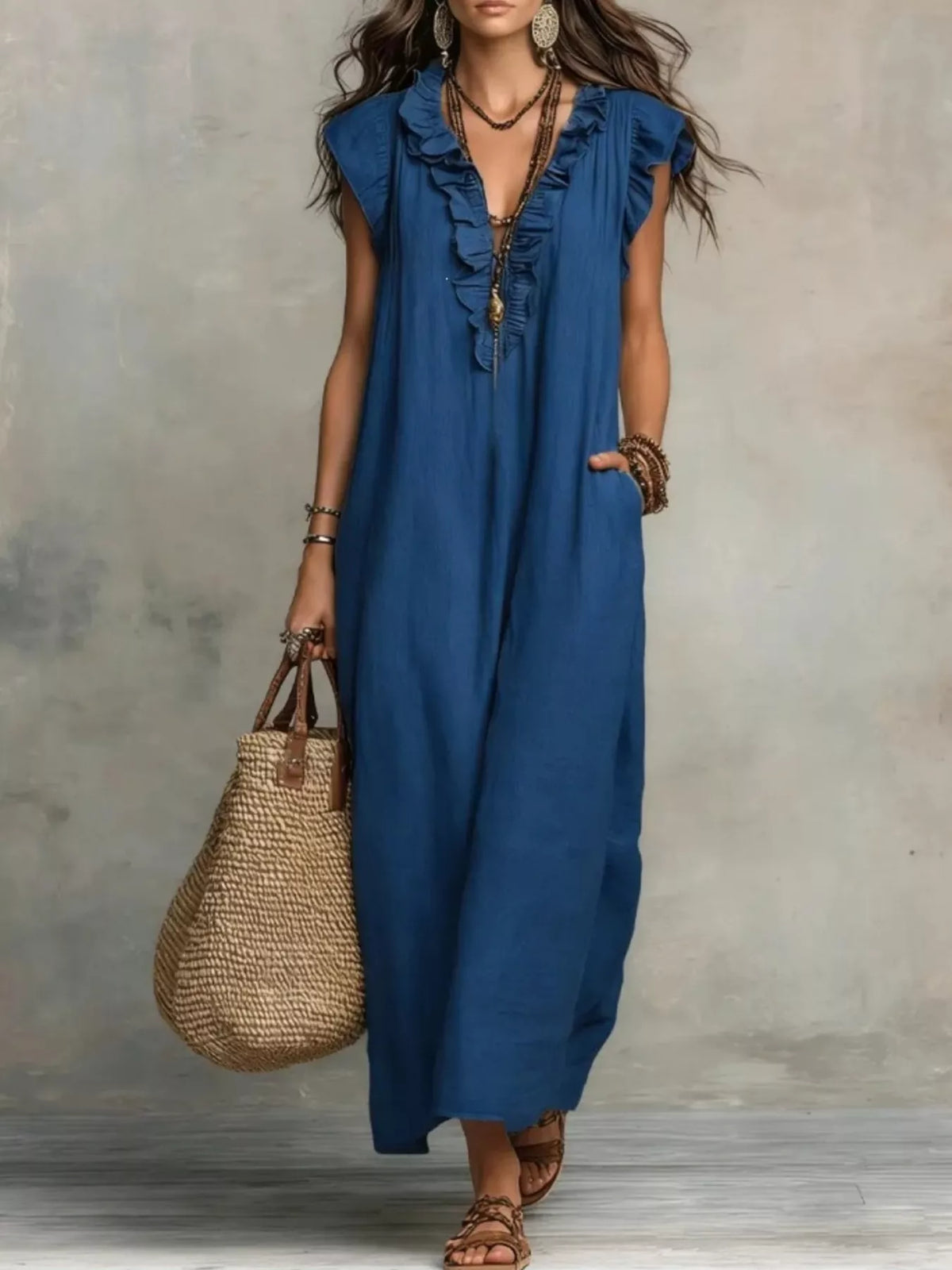 Ruffled V-Neck Maxi Dress, close-up product view