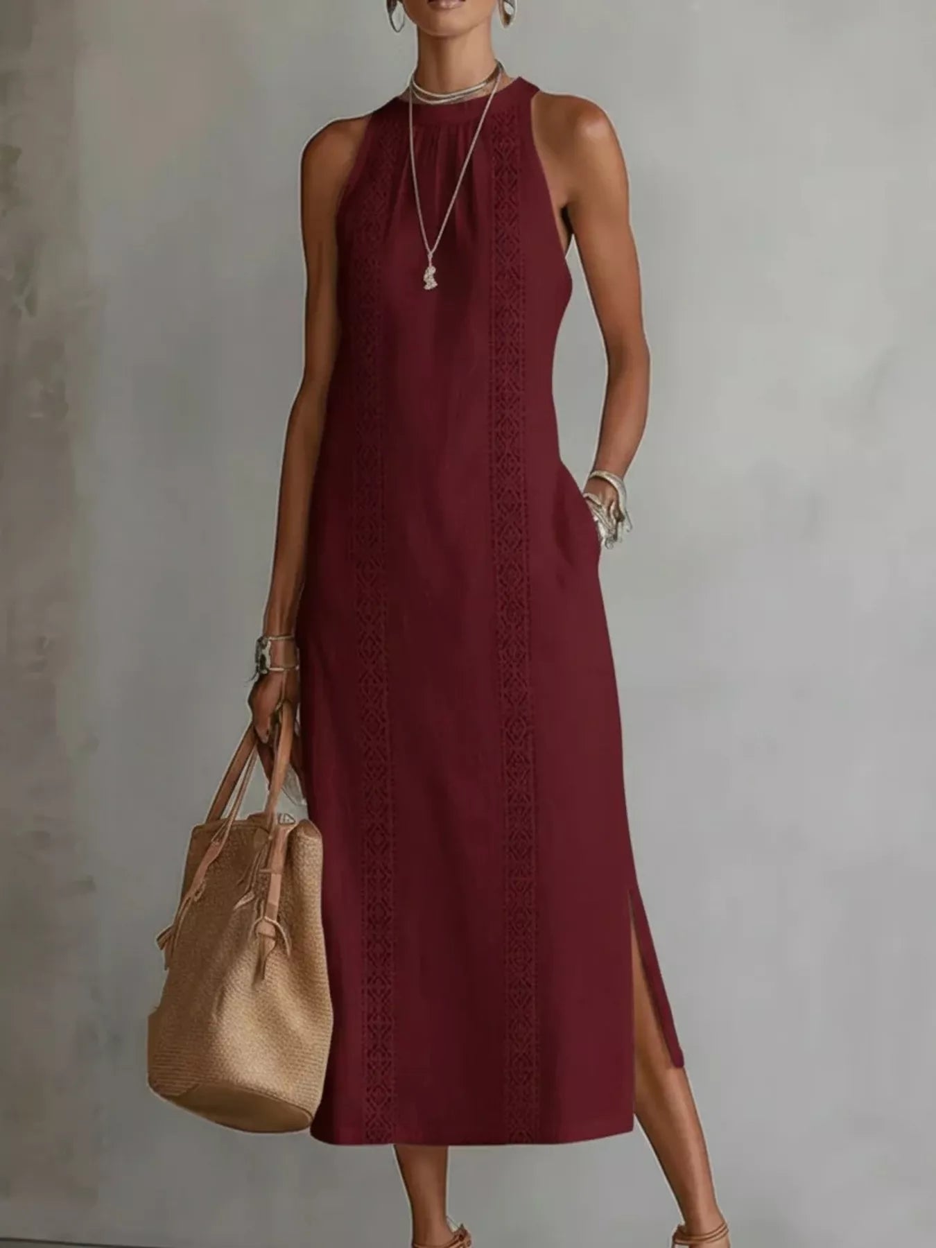 Sleeveless Lace Trim Midi Dress Plus Size, product view 8