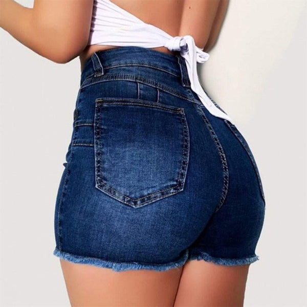 Stretch Slim Fit Ripped Tassel Denim Shorts, shown in a clear product image