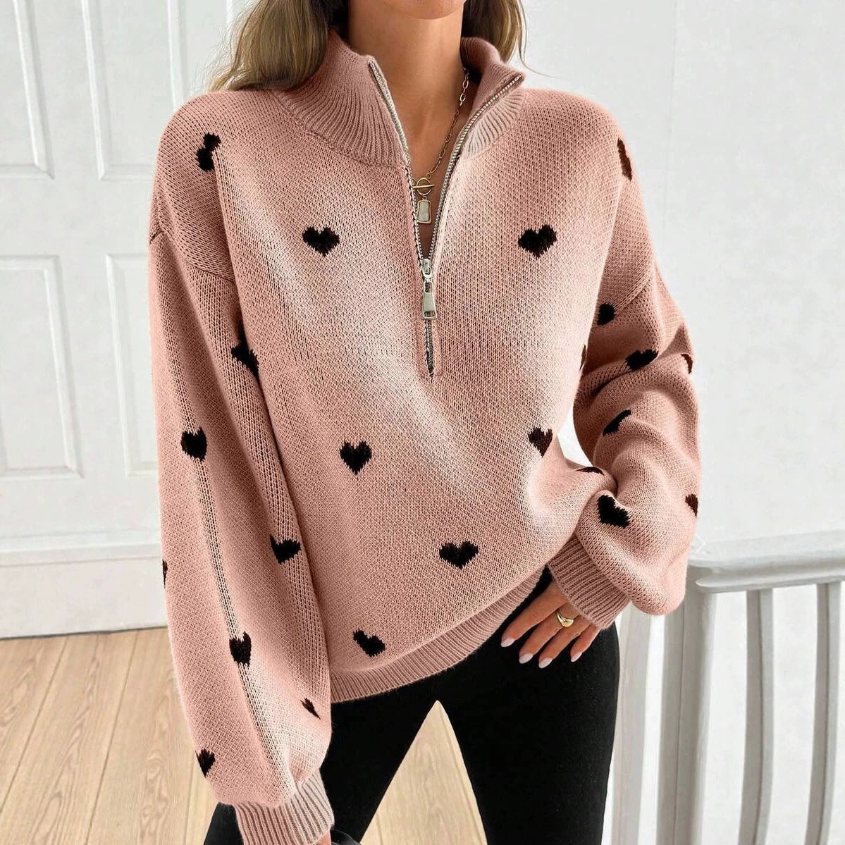 Women's Heart Pattern Knit Sweater – Zip Front additional product view