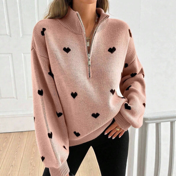 Women's Heart Pattern Knit Zip Sweater-Splashis, alternate view 1