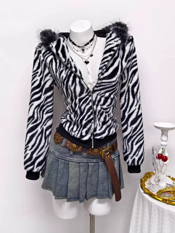 Zebra faux fur hooded zip-up jacket — additional view 3